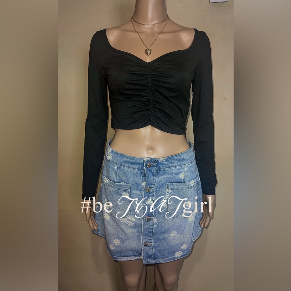 Black long sleeve crop top with ruched detailing